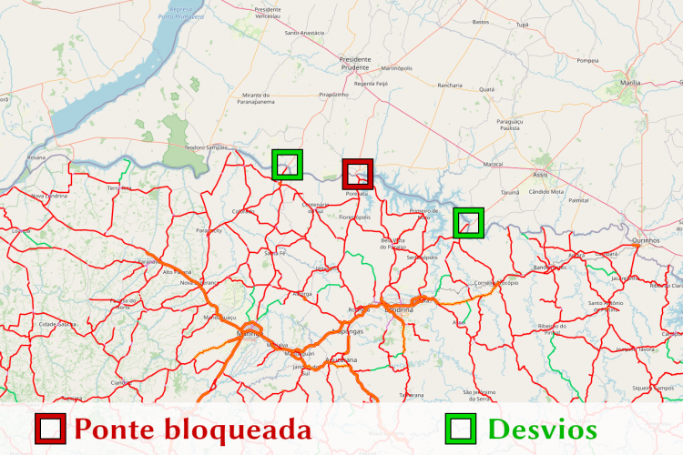 Mapa destacando bloqueio da ponte de Porecatu e desvios
