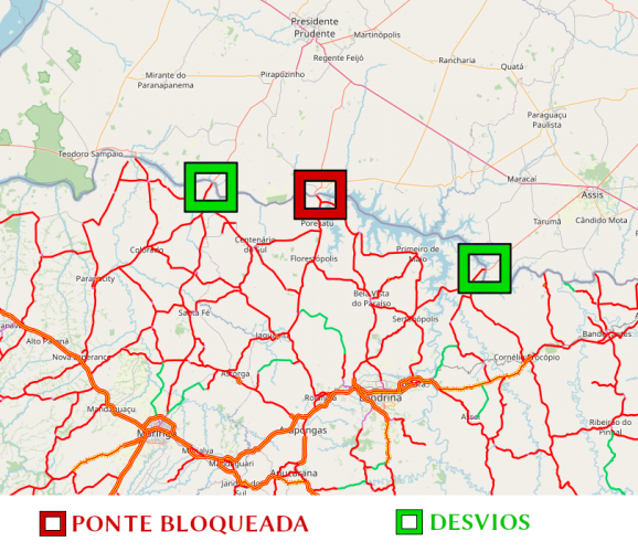 Mapa indicando ponte bloqueada e alternativas