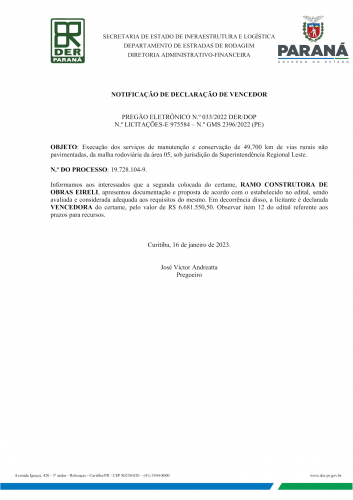 Declaração de vencedor da licitação