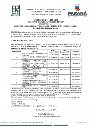 Resultado de preços Lote H Oeste Proconserva