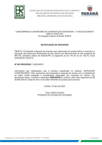 Notificação de vencedor do edital dos viadutos de Sarandi