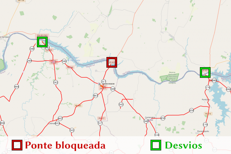 Mapa indicando a ponte que será bloqueado e desvios possíveis