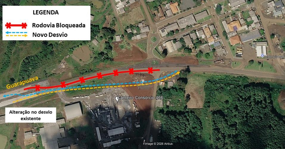 PRC-466 terá desvio a partir de quarta-feira em Palmeirinha, distrito de Guarapuava