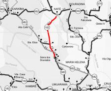 Mapa do trecho da PR-182 recebendo serviços, entre Ivaté e Serra dos Dourados