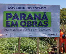 Obra de manutenção da ponte sobre o Rio Xambrê, na PR-490, em Iporã