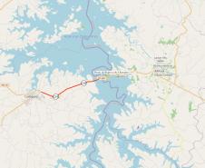 Mapa indicando a localização da ponte sobre a Represa Chavantes, entre Carlópolis e Fartura (SP)