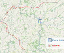 Mapa indicando bloqueio e rota alternativa