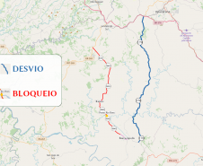 Mapa indicando a ponte bloqueada e o desvio sugerido