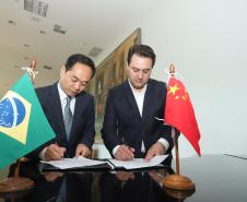 A China quer ser parceira do Paraná em obras de infraestrutura, com grande interesse no projeto do corredor bioceânico, que ligará os portos de Paranaguá, no Litoral do Estado, ao de Antofagasta, no Chile. O assunto foi tratado nesta quinta-feira (14) entre o governador Carlos Massa Ratinho Junior e o embaixador da República Popular da China, Yang Wanming, no Palácio Iguaçu. - . Curitiba,14/03/2019 Foto: Rodrigo Félix Leal/ANPr