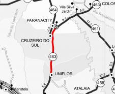 A PR-463, no trecho entre Uniflor, no Norte Central, e Paranacity, na região Noroeste, está recebendo remendos superficiais. Eles incluem a fresagem, que é a retirada da camada superior do pavimento, seguida pela aplicação de Concreto Betuminoso Usinado a Quente (CBUQ) e a compactação deste material. Foto: Divulgação/DER