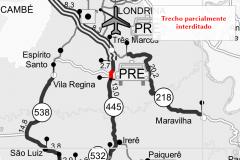 Trecho interditado da PR-445, próximo a Londrina