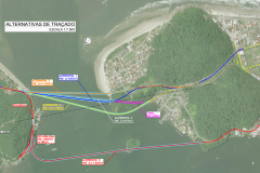 Mapa com alternativas de traçado da ponte de Guaratuba