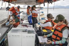 A equipe de Meio Ambiente dos Portos do Paraná foi a campo para mais uma campanha de monitoramento trimestral. A coleta de dados foi simultânea para três programas ambientais: da qualidade das águas, do sedimento e da biota aquática (plâncton e bentos).  Foto: Claudio Neves/APPA