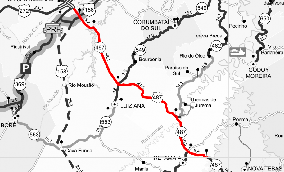 Mapa destacando o trecho entre Campo Mourão e o rio Muquilão