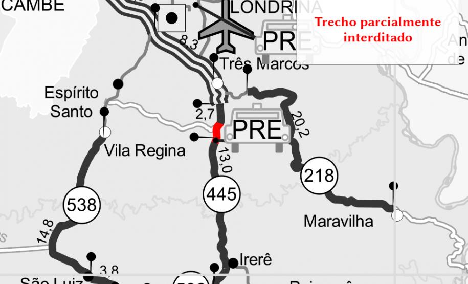 Trecho interditado da PR-445, próximo a Londrina