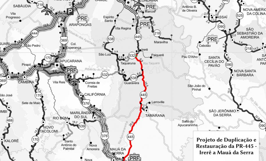 Mapa do trecho da PR-445 que será duplicado