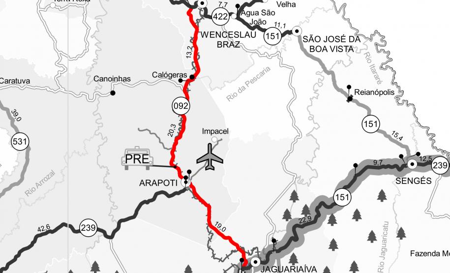 PR-092, entre Jaguariaíva, passando por Arapoti, ambas nos Campos Gerais, até Wenceslau Braz, no Norte Pioneiro, passa por serviços de remendos e de microrrevestimento asfáltico.