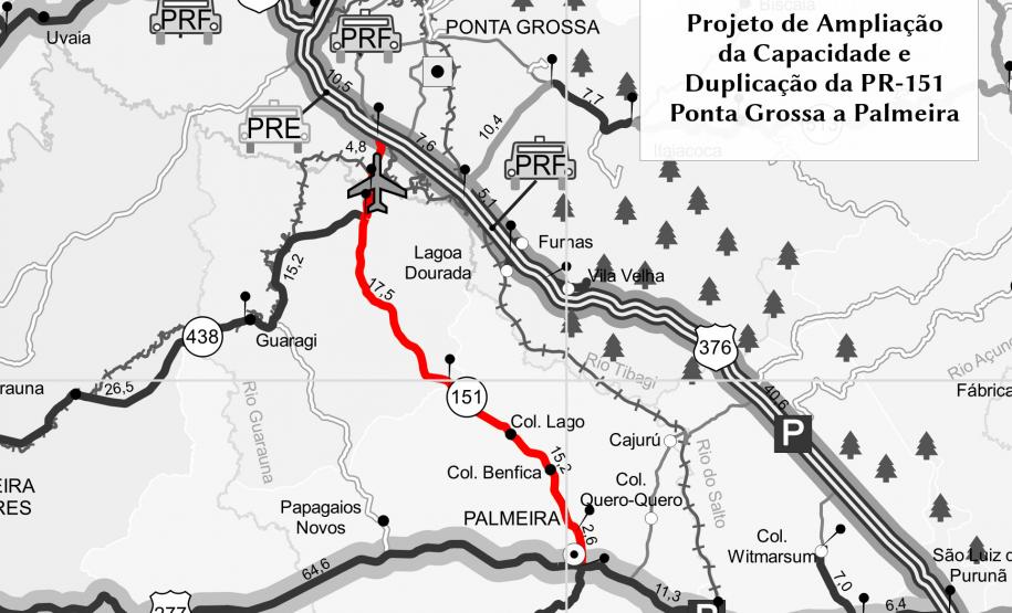 Mapa mostrando o trecho da PR-151 que passará por ampliação de capacidade