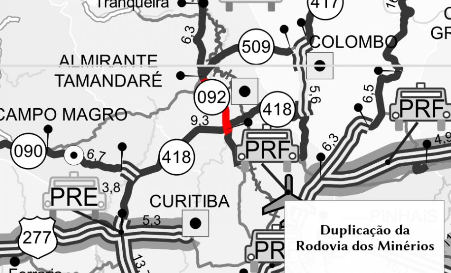 Mapa da duplicação entre Curitiba e Almirante Tamandaré