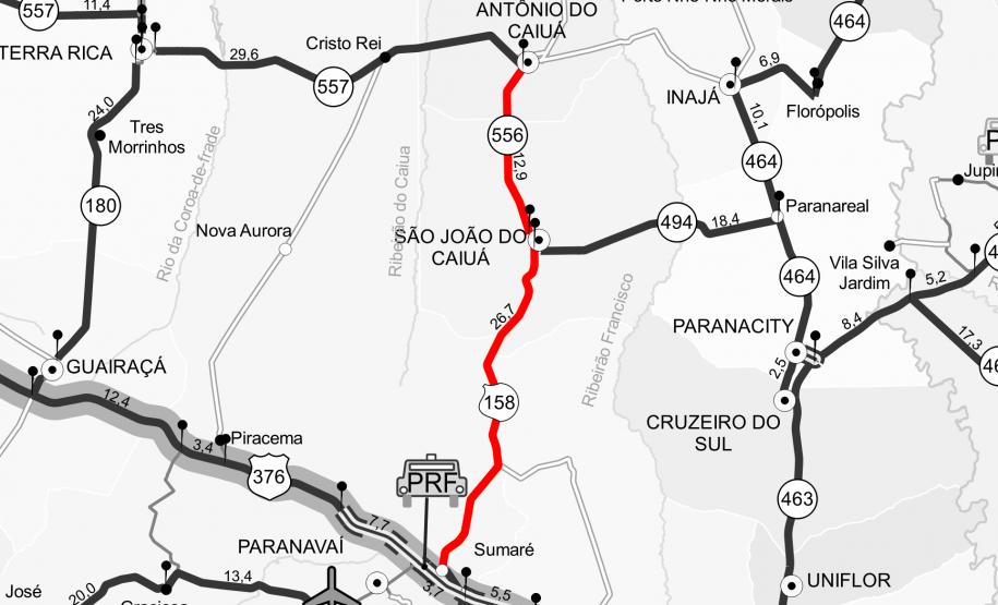 Mapa dos trechos da PR-556 e PRC-158