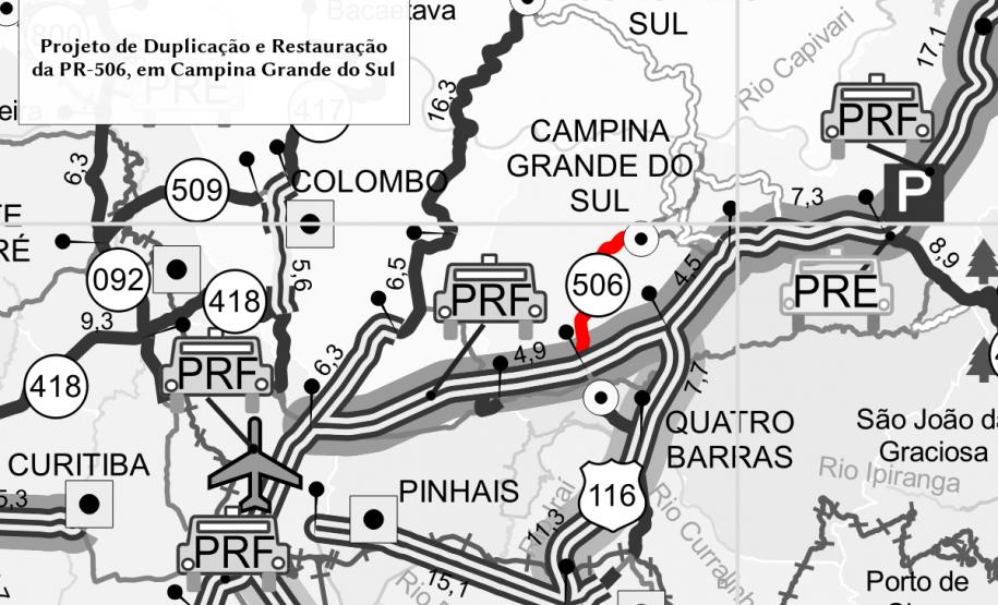 Mapa com trecho da PR-506 que será duplicado
