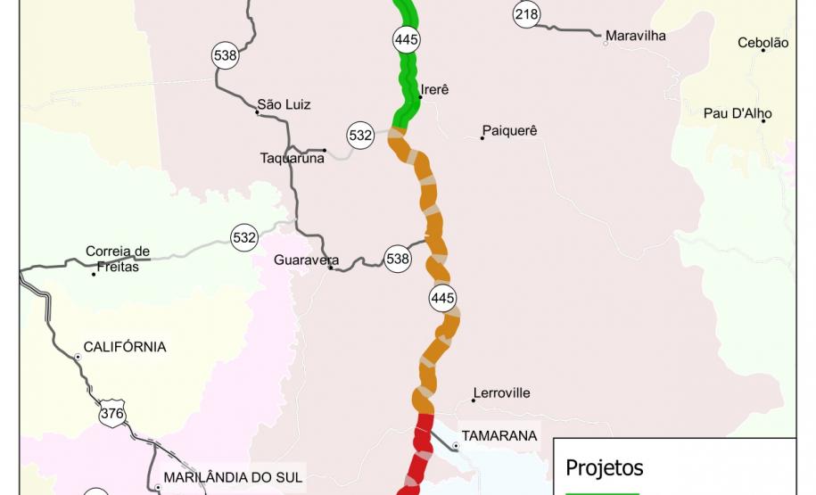 Mapa com trecho da PR-445 que será duplicado
