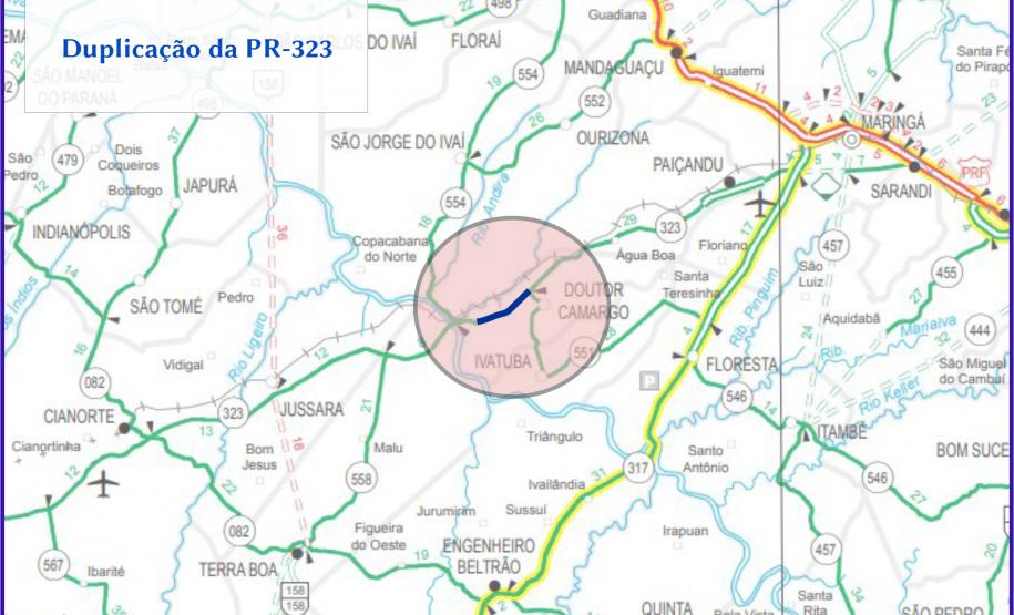 Mapa detalhando o trecho que será duplicada da PR-323