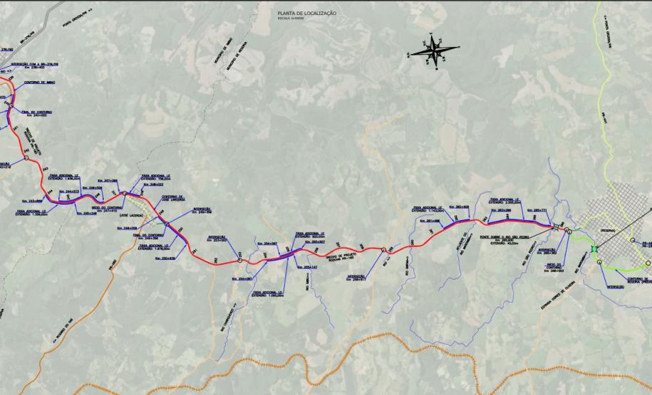 Mapa detalhando o trecho da PR-160 que receberá as obras