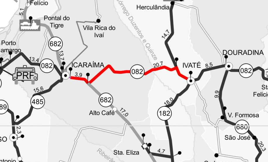Mapa do trecho entre Ivaté e Icaraíma recebendo serviços