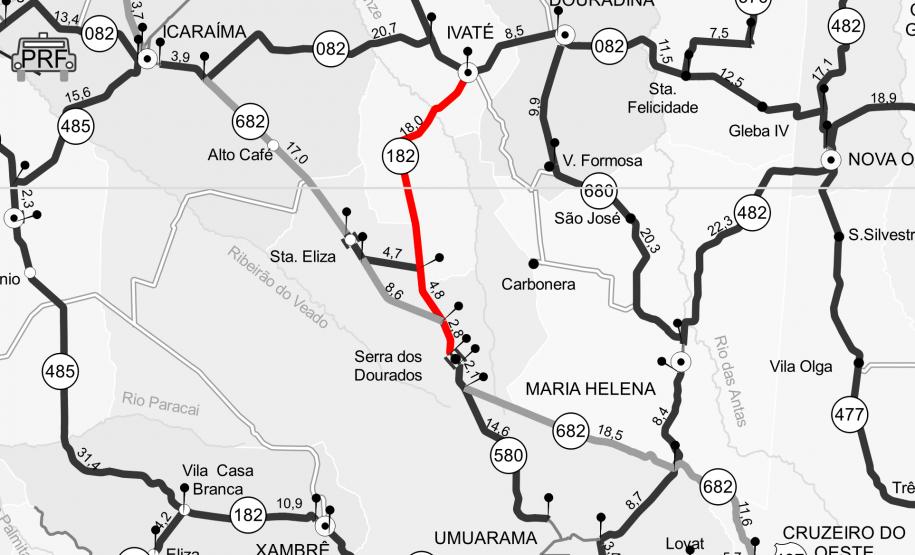 Mapa do trecho da PR-182 recebendo serviços, entre Ivaté e Serra dos Dourados