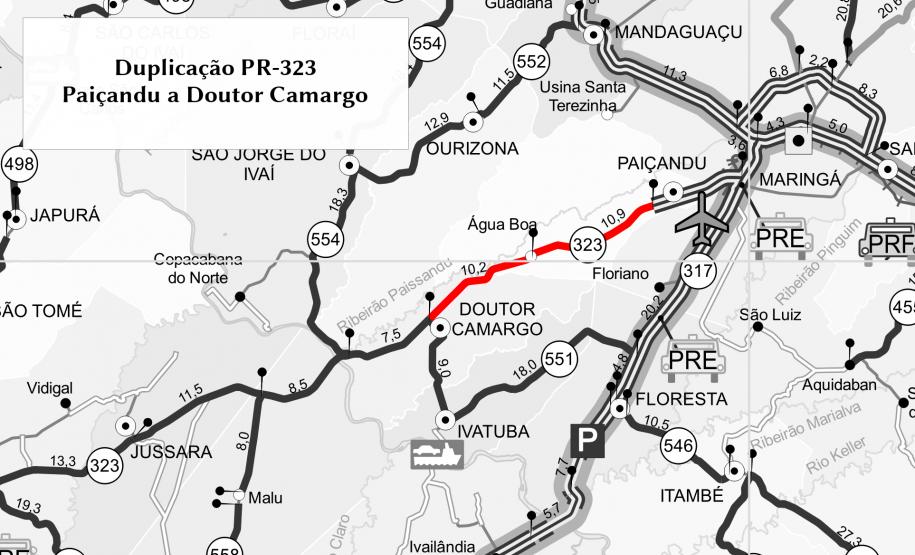 Mapa destacando o trecho em duplicação na PR-323