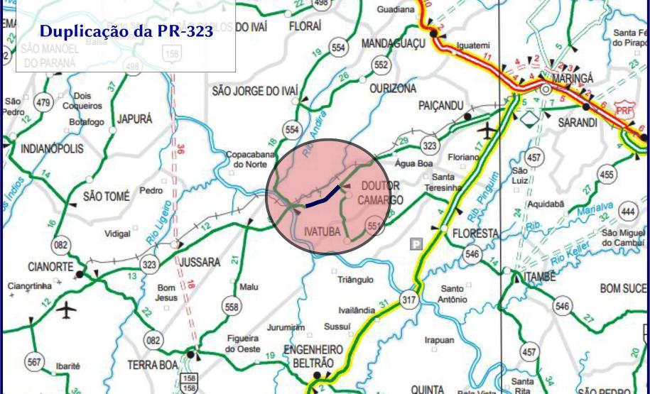 Mapa do trecho da PR-323 que será atendido com obra de duplicação