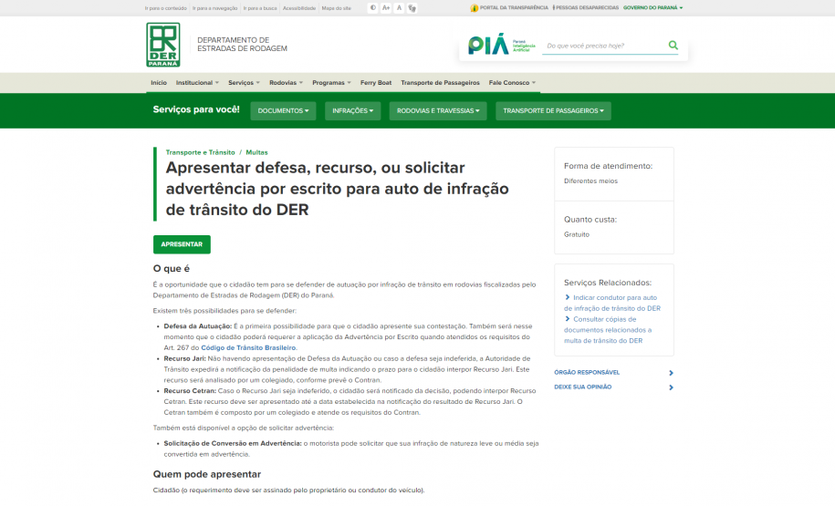 Printscreen da página de Defesa/Advertência