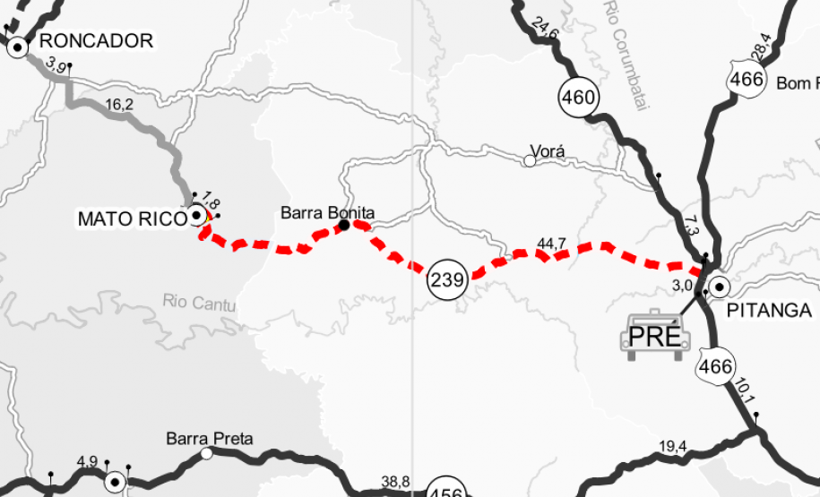 Mapa do trecho da PR-239 sendo pavimentado