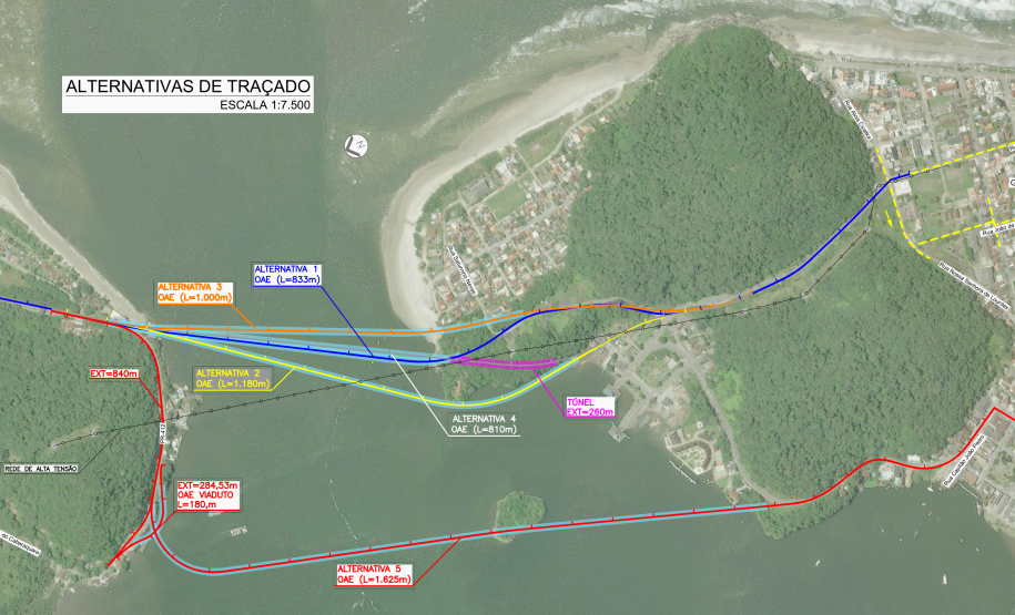 Mapa com alternativas de traçado da ponte de Guaratuba