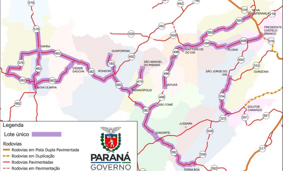 Mapa indicando os trechos que serão atendidos
