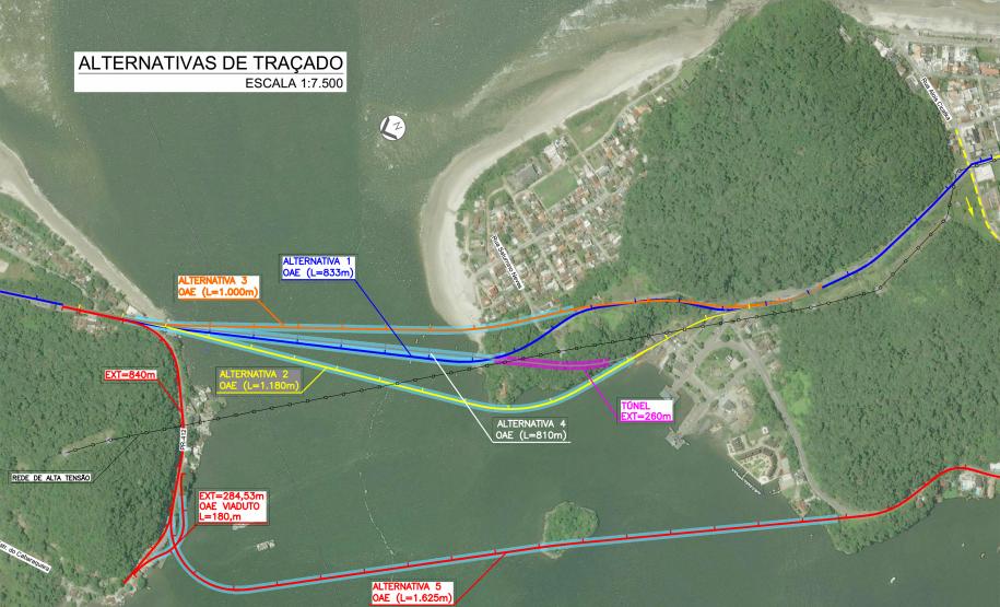 Mapa com as alternativas para a ponte de guaratuba