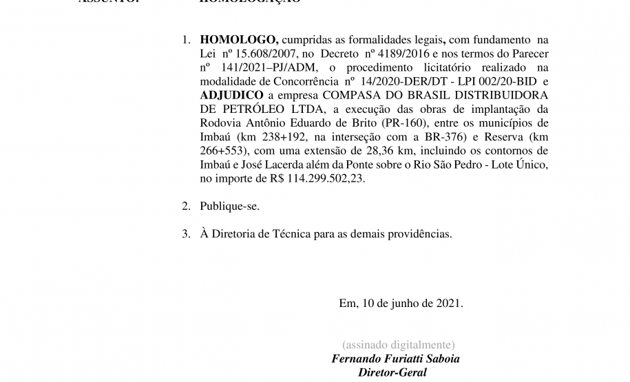 Despacho de homologação e adjudicação da licitação