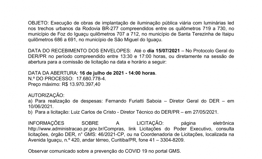 Aviso de lançamento do edital