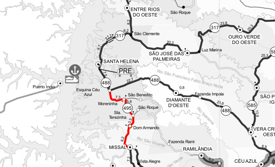 Mapa da Rodovia PR-495, entre Missal e Esquina Céu Azul