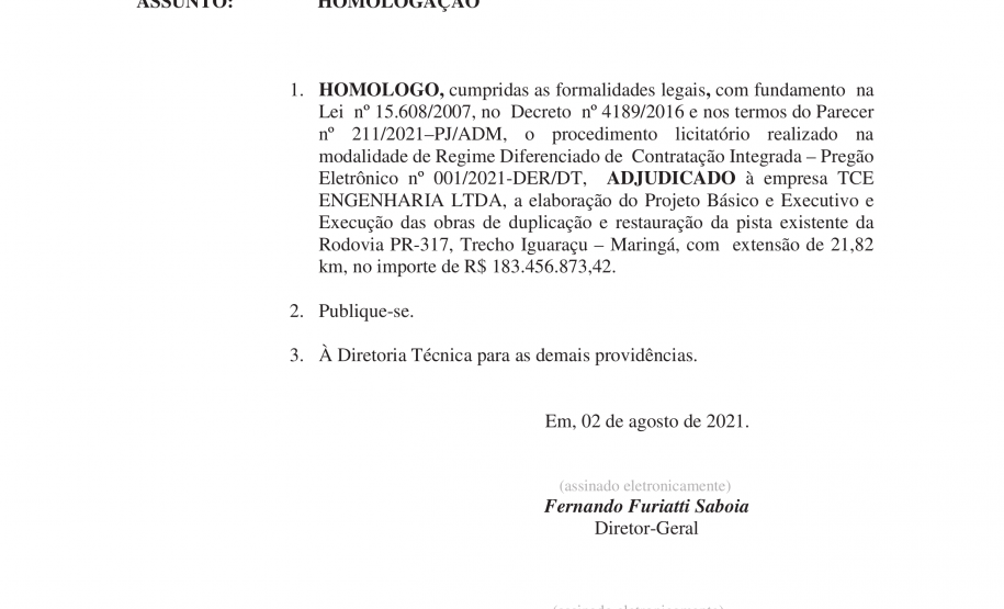 Despacho homologando resultado da licitação