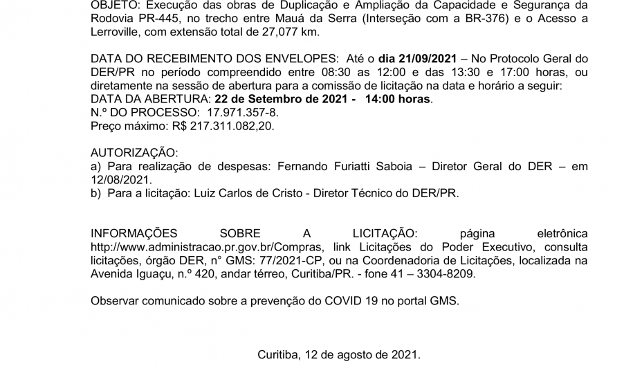 Aviso do lançamento da licitação