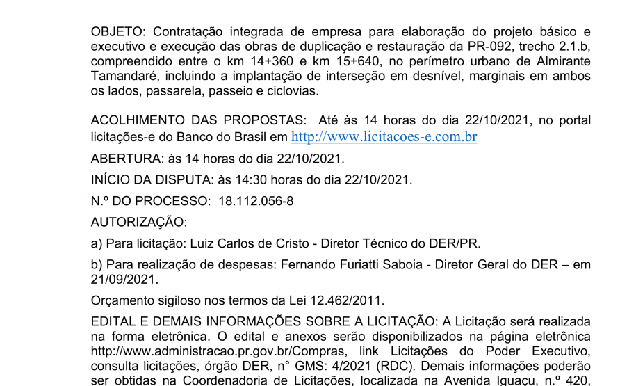 Aviso da licitação