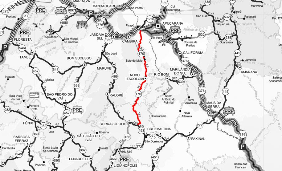Mapa da PR-170 entre Apucarana e Borrazópolis