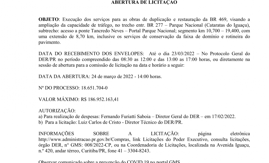 Aviso da licitação