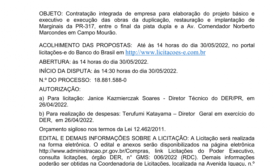 Aviso da licitação