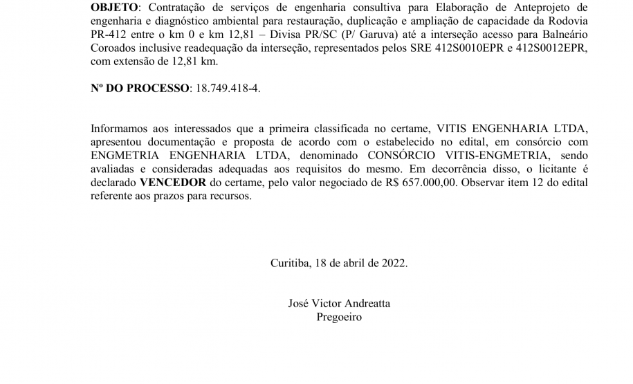 Declaração de vencedor da licitação