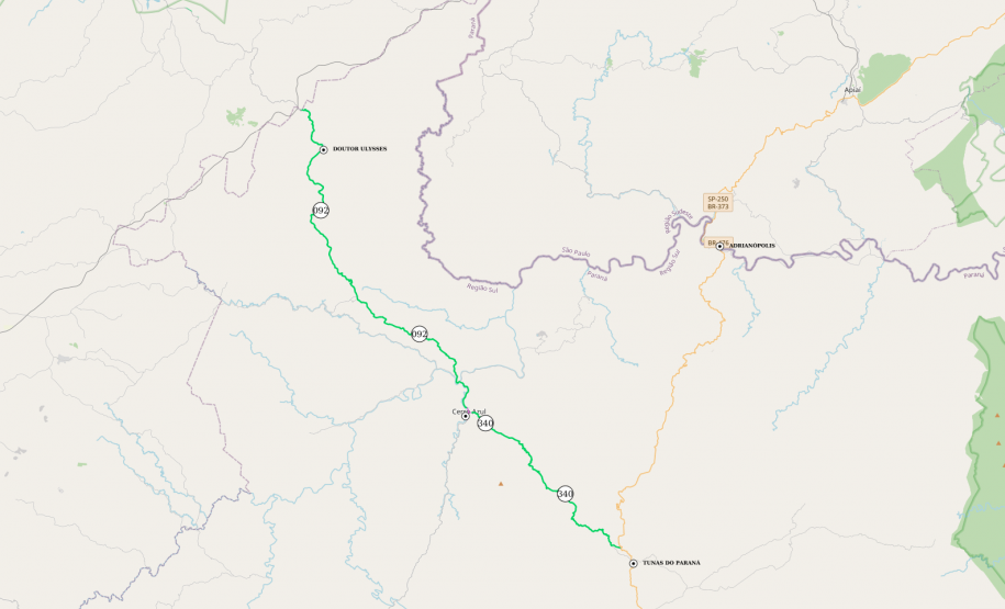Mapa do trecho atendido da PR-092 e PR-340