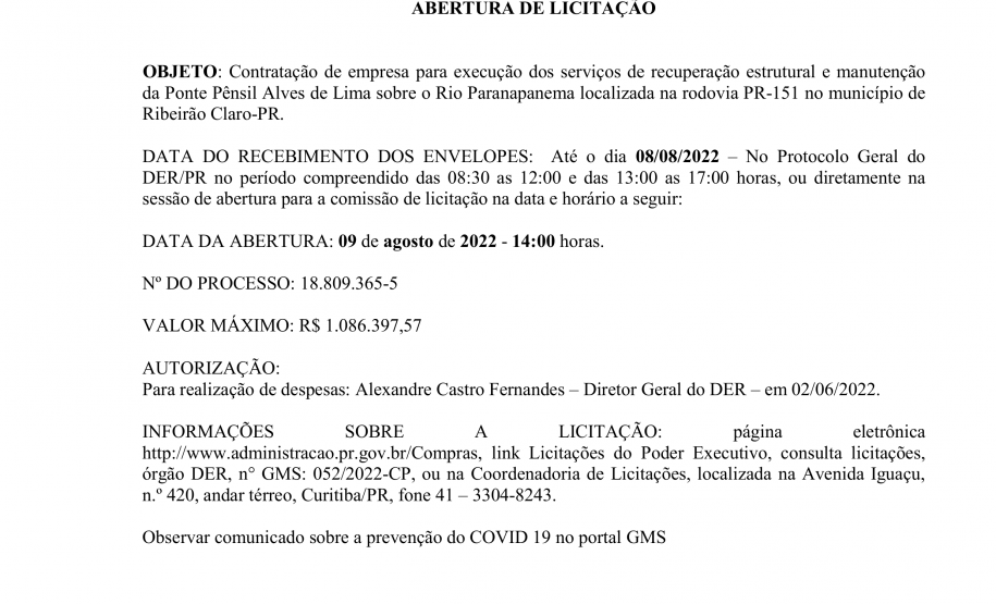 Aviso publicado em diário oficial