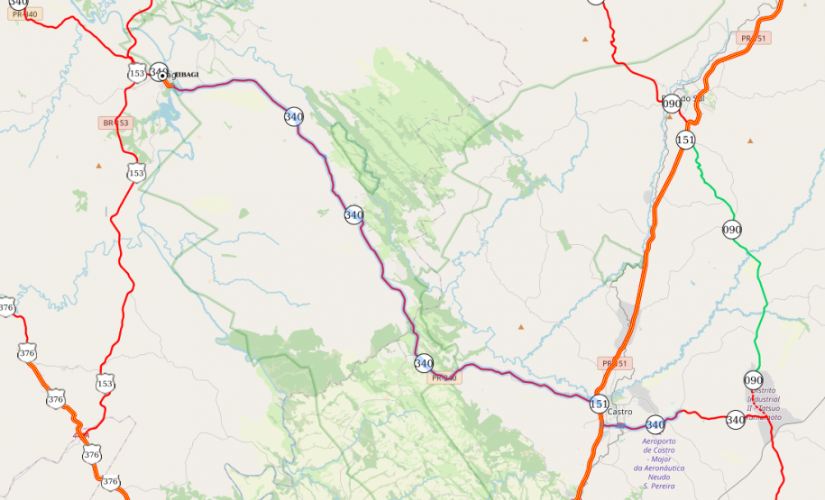 Mapa da PR-340 entre Castro e Tibagi
